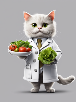 cat holding vegetables