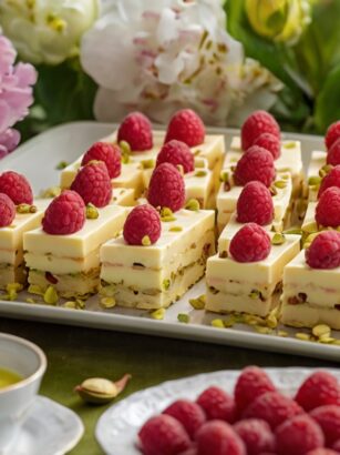 Mazurek pistacjowy z malinami i pistacjami na świątecznym stole.