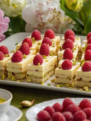 Mazurek pistacjowy z malinami i pistacjami na świątecznym stole.