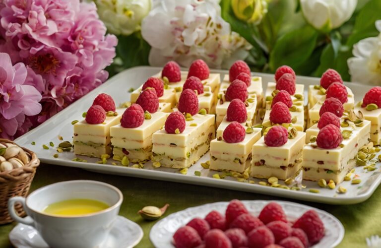 Mazurek pistacjowy z malinami i pistacjami na świątecznym stole.